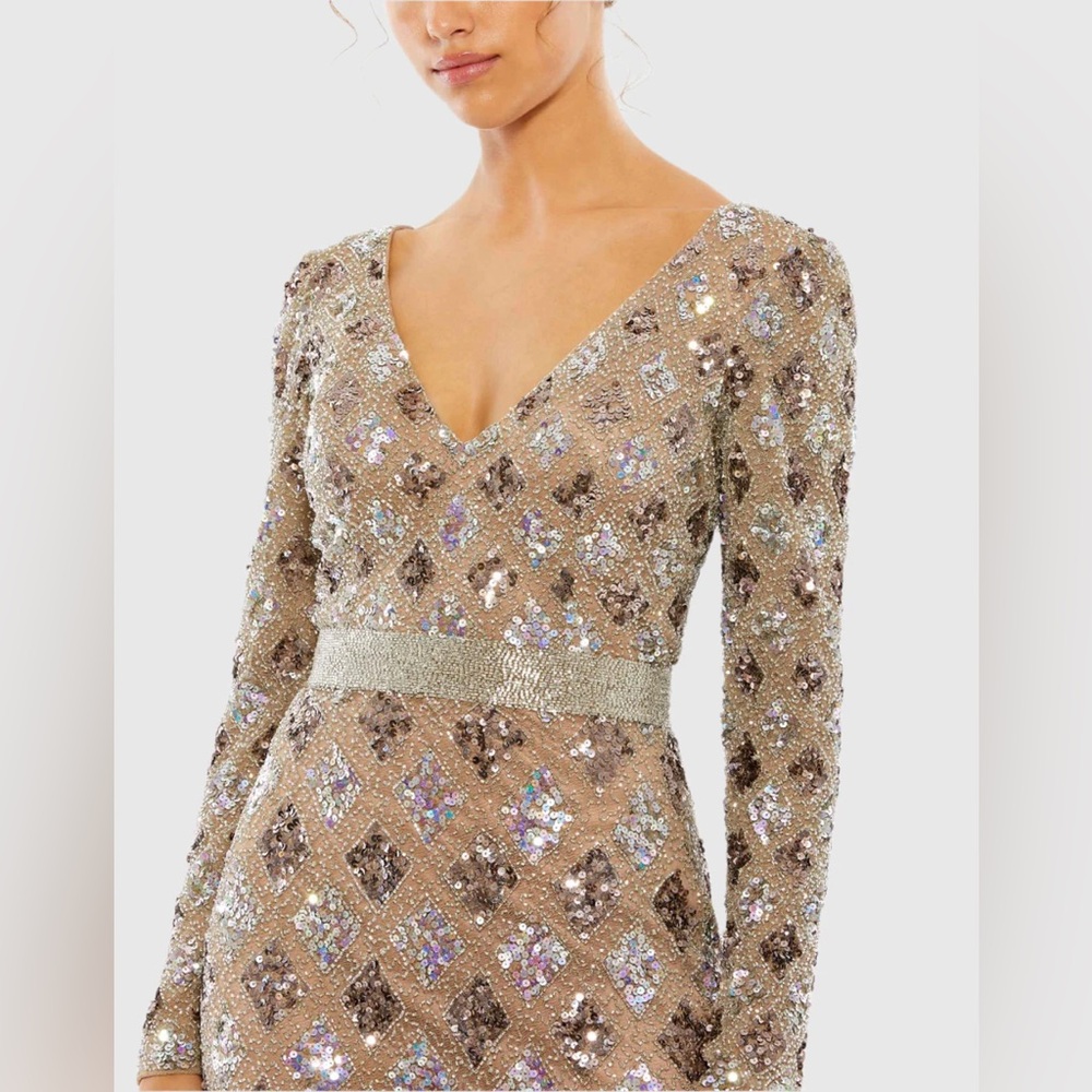 NWT $598 MAC DUGGAL Geometric Embellished Mocha Evening Gown DRESS BEADED 5021 - Picture 3 of 4
